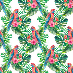 Seamless pattern of colorful tropical parrots among lush palm leaves and exotic flowers. Watercolor illustration ideal for textile prints, wallpaper, branding, travel design.