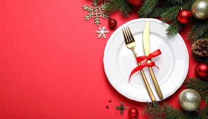 Elegant Christmas dinner table setting with golden cutlery and festive ornaments.