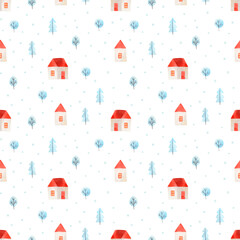 Fototapeta premium Cute children watercolor pattern. Cartoon houses and winter trees on white background. Seamless hand-drawn texture for textile or Christmas wrapping paper in Scandinavian style