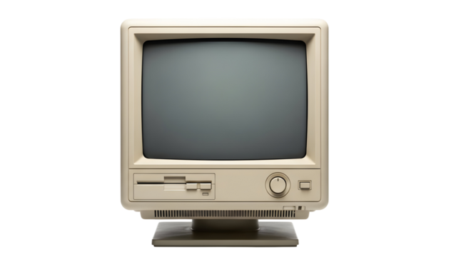 Vintage computer monitor with floppy disk drive and a blank screen on a white background