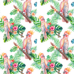 Seamless pattern of colorful tropical parrots among lush palm leaves and exotic flowers. Watercolor illustration ideal for textile prints, wallpaper, branding, travel design.