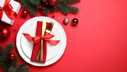 Elegant Christmas dinner table setting with festive decorations and gift box.