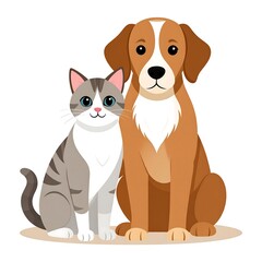 Obraz premium Cartoon of a gray cat and a brown dog sitting side-by-side on a cream-colored surface, against a white background