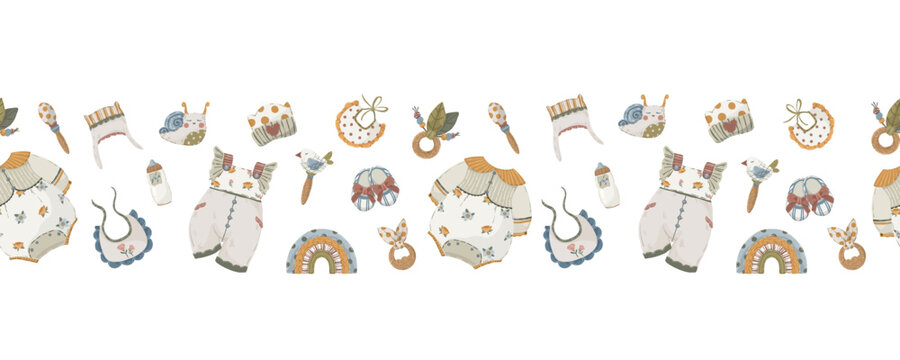 Baby and nature border set, hand-drawn vector horizontal seamless dividers with mountains, clothes, numbers, and strollers in neutral boho style for kids’ design and textile.