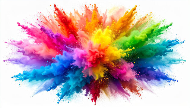Dynamic explosion of vibrant colored powder paint on a white background Holi