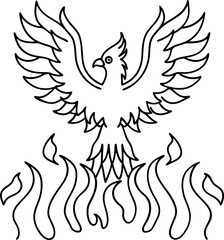 Obraz premium Fiery phoenix rising from flames, mythical rebirth and resurrection bird line art illustration