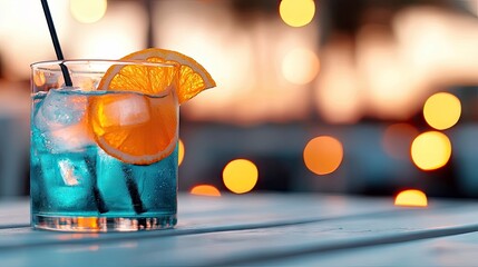 A refreshing blue cocktail with an orange slice garnish is placed on a wooden table. The background features bokeh lights and a blurred sunset.