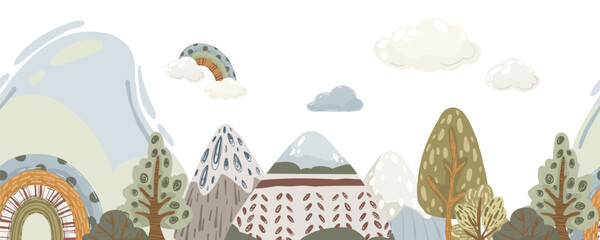Fototapeta premium Mountain landscape seamless border, hand-drawn vector horizontal divider with trees, hills, and rainbows in neutral, muted colors for nursery wallpaper and banners.