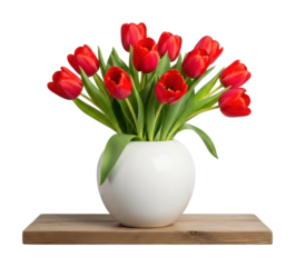 Vibrant red tulips in white vase floral arrangement bright