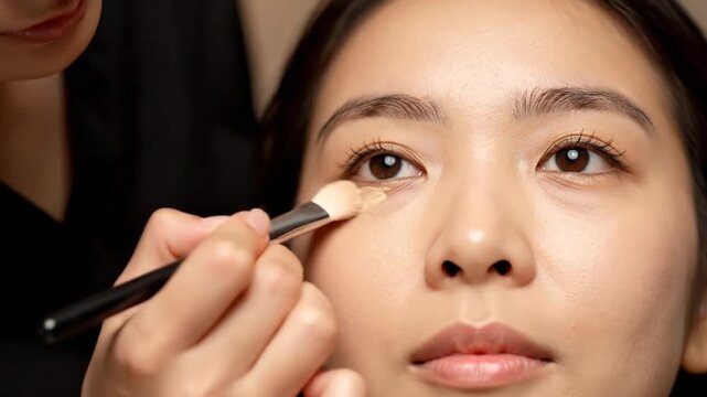 Professional makeup artist applies concealer under eye of young Asian woman