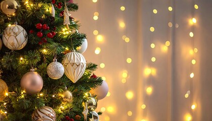 Close up of a decorated Christmas tree with ornaments and bokeh lights.