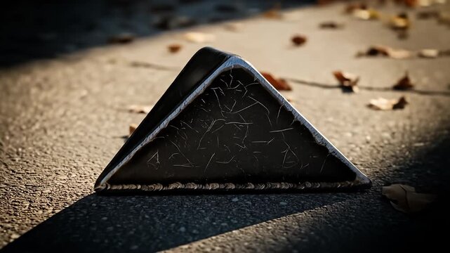 A close-up shot of a dark, triangular object resting on a textured ground, surrounded by scattered autumn leaves, with sunlight casting a distinct shadow.