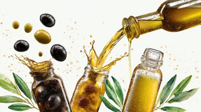 Olive Oil Pouring from Bottle into Jars with Flying Olives and Fresh Green Leaves Still Life