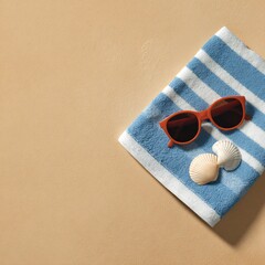Relaxing beach scene with towel sunglasses and seashells tropical paradise top view summer vibes