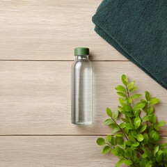 Eco-friendly glass water bottle and green plants top view natural environment lifestyle concept