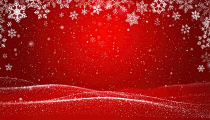 Festive Red Christmas Background with Falling Snowflakes and Glittering Snowdrifts.