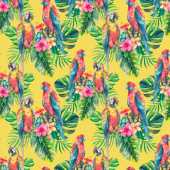 Seamless pattern of colorful tropical parrots among lush palm leaves and exotic flowers. Watercolor illustration ideal for textile prints, wallpaper, branding, travel design.