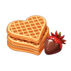 Heart shaped waffles with chocolate covered strawberry isolated on transparent background