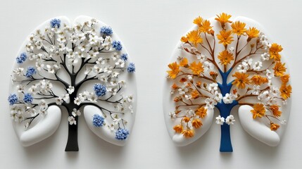 Two lung-shaped objects decorated with flowers and tree-like structures, set against a white background.