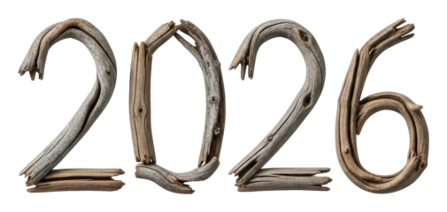 Creative driftwood numbers 2026 installation in nature environment