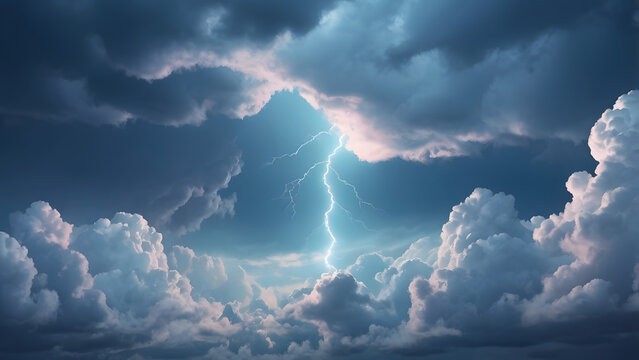 A dramatic sky filled with dark and light clouds with a bright lightning strike in the center