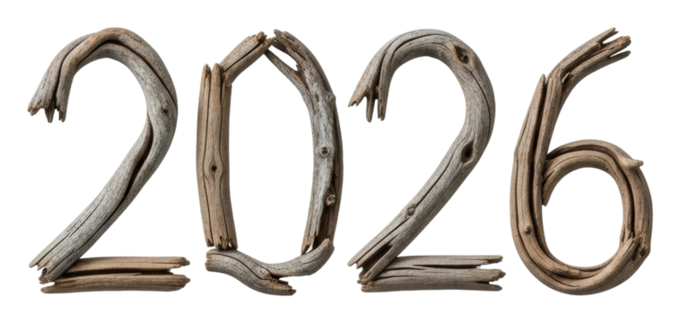 Creative driftwood numbers 2026 installation in nature environment