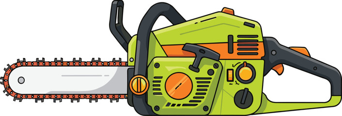 Chainsaw, tool, illustration, machinery, cutting, wood, guide bar, chain, handle, knob, stylized, colorful, vector, equipment, mechanical, orange, green, educational, realistic, power