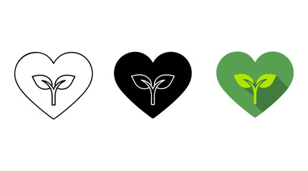 Growth heart icons set representing nature, eco-friendly living, health, and sustainability concepts