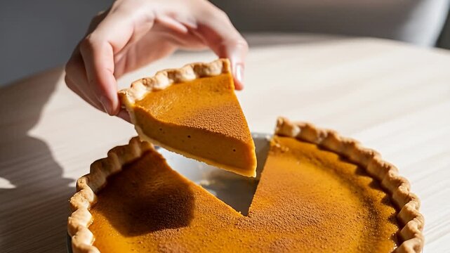 Hand lifting a slice of pumpkin pie from a whole pie on a wooden table.