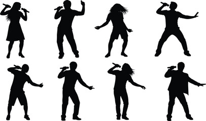 Collection of black silhouettes showing male and female singers performing. People holding microphones, singing, and dancing. Vector set isolated.