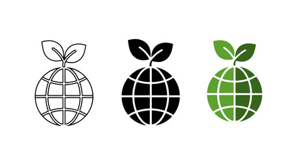 Global ecological protection and sustainability icon set featuring earth globe with green leaves