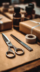 a brown paper-wrapped gift with scissors, tape, and small bottles of ink, all on a wooden surface