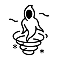 Thin-line black icon of winter wraith emerging from solitary wind chime resonance, symbolizing spectral cold summoned by absolute isolation. Flat vector, ideal for RPG seasonal horror encounters.