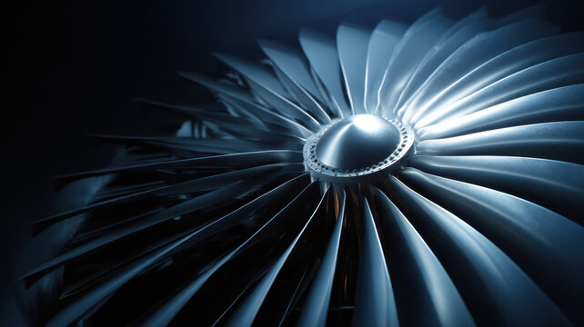A close-up view of a detailed jet engine turbine, showcasing its intricate metallic blades and design - Powered by Adobe