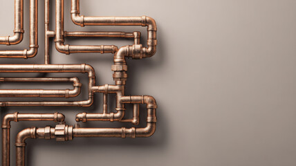 Fototapeta premium Intricate system of copper pipes on a neutral surface