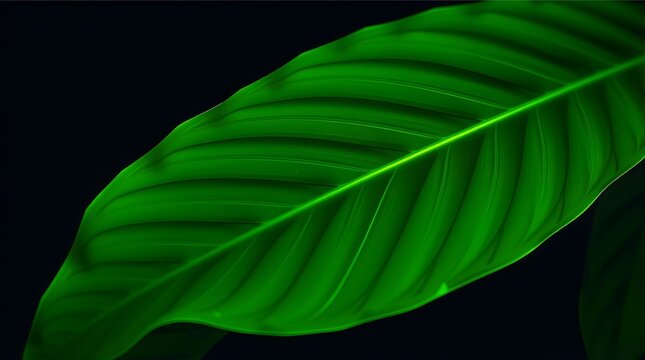Close-up of a vibrant green tropical leaf rendered in glowing geometric polygons. Futuristic nature abstract art. AI generated.