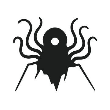 Thin-line black eldritch deep-sea entity icon rising from ocean abyss, symbolizing ancient unknown power. Flat vector, ideal for horror, mythology and cosmic mystery themed designs.