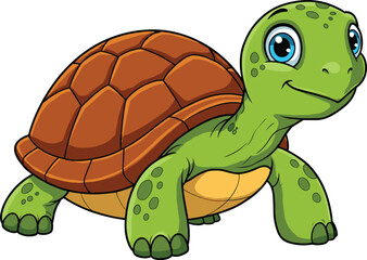 Cute cartoon turtle, friendly reptile character, green shell animal, smiling turtle illustration, children’s vector art, educational design, faceless style