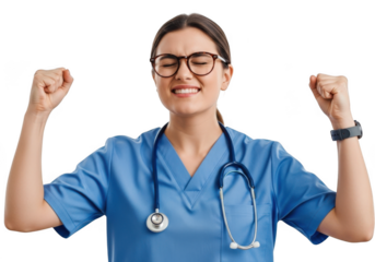 Happy nurse celebrating success isolated on transparent background