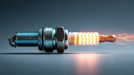 Close-up shot of a glowing spark plug, illustrating ignition and energy. The spark plug is emitting sparks, symbolizing power and combustion