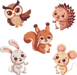 cute woodland animals, cartoon forest creatures, owl hedgehog squirrel rabbit mouse, playful animal illustration, children’s nature vector, whimsical design
