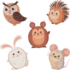 cute woodland animals, cartoon forest creatures, owl porcupine bear rabbit mouse, playful animal illustration, children’s nature vector, whimsical design