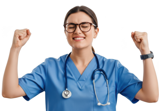 Happy nurse celebrating success isolated on transparent background - Powered by Adobe