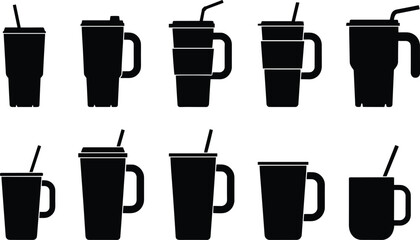 Drink container silhouette, mug icon, cup vector, black drinkware, coffee mug, tea cup, straw lid, travel tumbler, beverage holder, reusable cup, kitchen utensil,