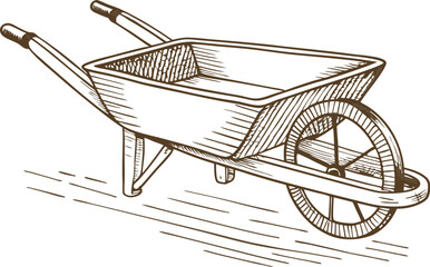 Vintage hand drawn wheelbarrow illustration, rustic gardening tool sketch for farming and landscaping design