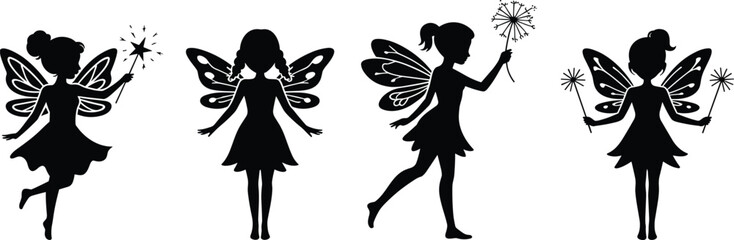 Fairy silhouette vector, magical fantasy illustration, black fairy wings, enchanted wand pose, whimsical girl art, mystical character design