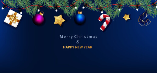 Merry Christmas blue web banner with realistic 3d candy cane, balls and lamps. Border decoration element. Holiday card vector X-mas design with branches.