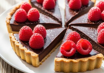 Rich chocolate tart slices topped with fresh raspberries and dusted with powder