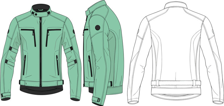 Technical flat sketch of a multi-view performance motorcycle jacket featuring zippered vents, collar snaps, and adjustable waist