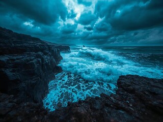 Dramatic ocean waves crashing against rocky cliffs under a stormy sky, vibrant blues and grays